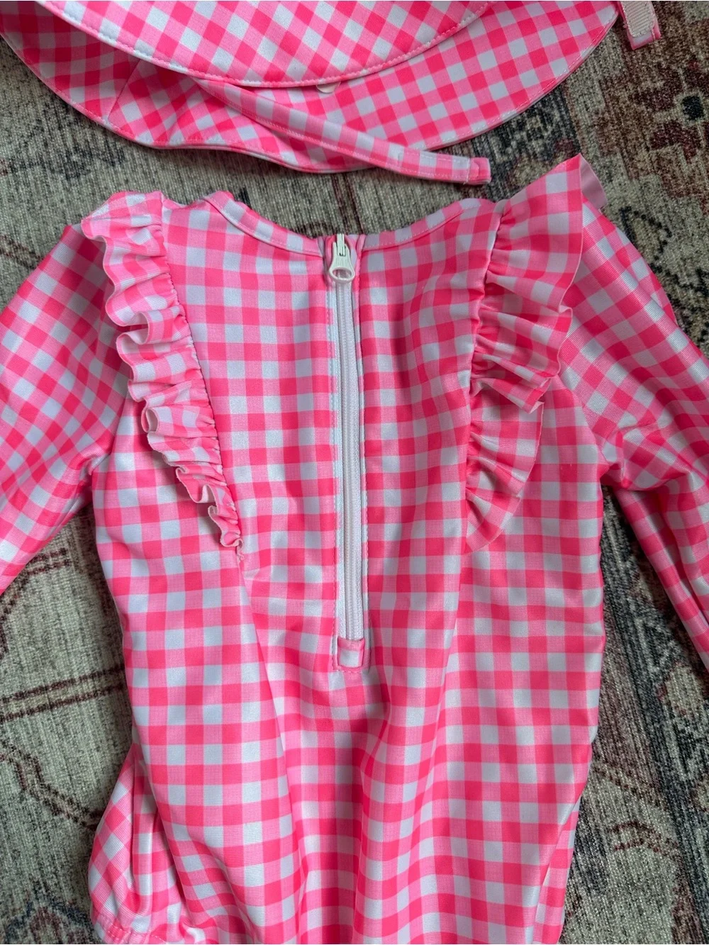 GAP Hot Pink Gingham Long-Sleeve Rashguard with Matching Sun Hat - 12-18M